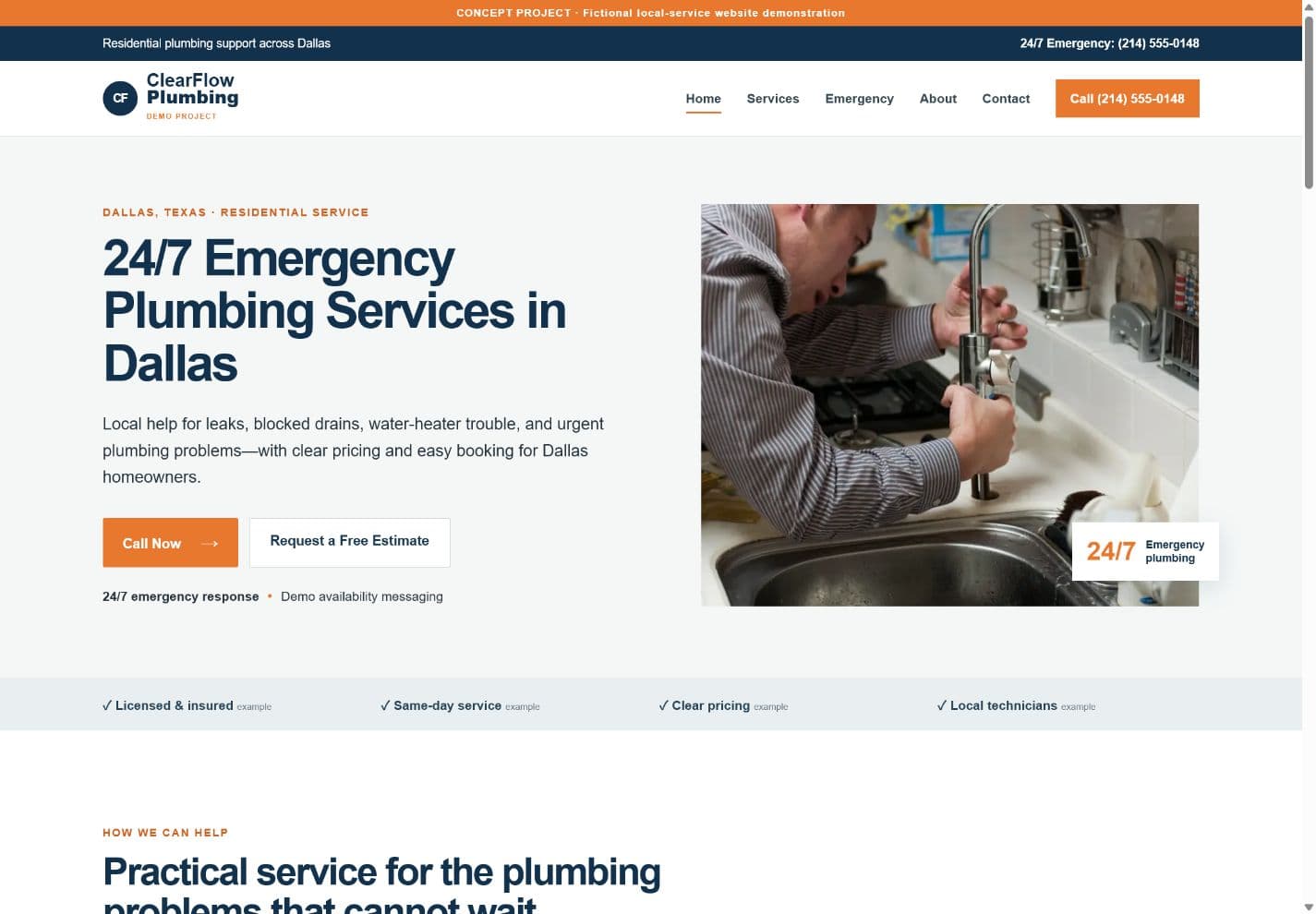 ClearFlow Plumbing website desktop preview